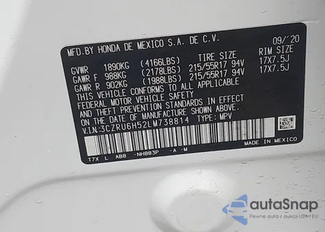 2020 Honda Hr-V Awd Ex from USA, damaged, VIN 3CZRU6H52LM738814